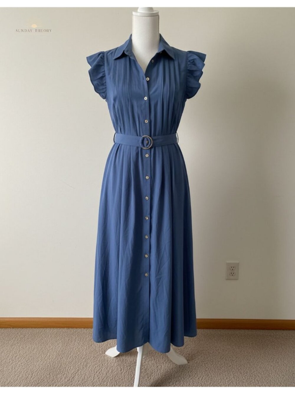 Cotton Midi Shirt Dress with Ruffle Sleeves, Detachable Belt, S-XXL